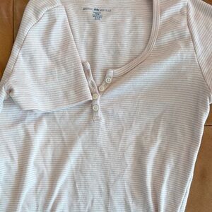 Brandy Melville Light Pink & White Striped Henley Tee 100% cotton